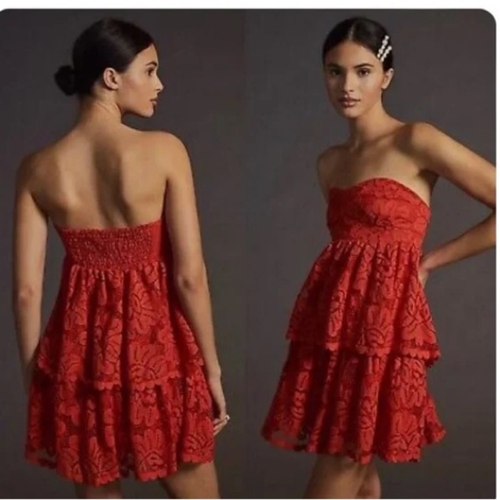 Anthropologie Maeve Strapless Lace Tiered Mini Dress